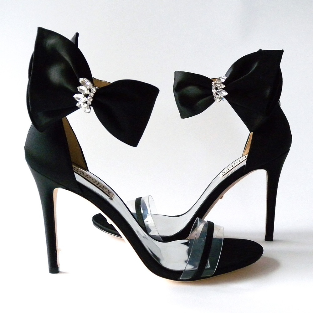 Badgley Mischka Black Satin Bow Crystal Ankle Strap Heels
